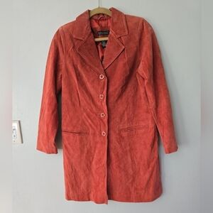 Dialogue SZ Small Orange Suede Leather Knee Length Trench Coat